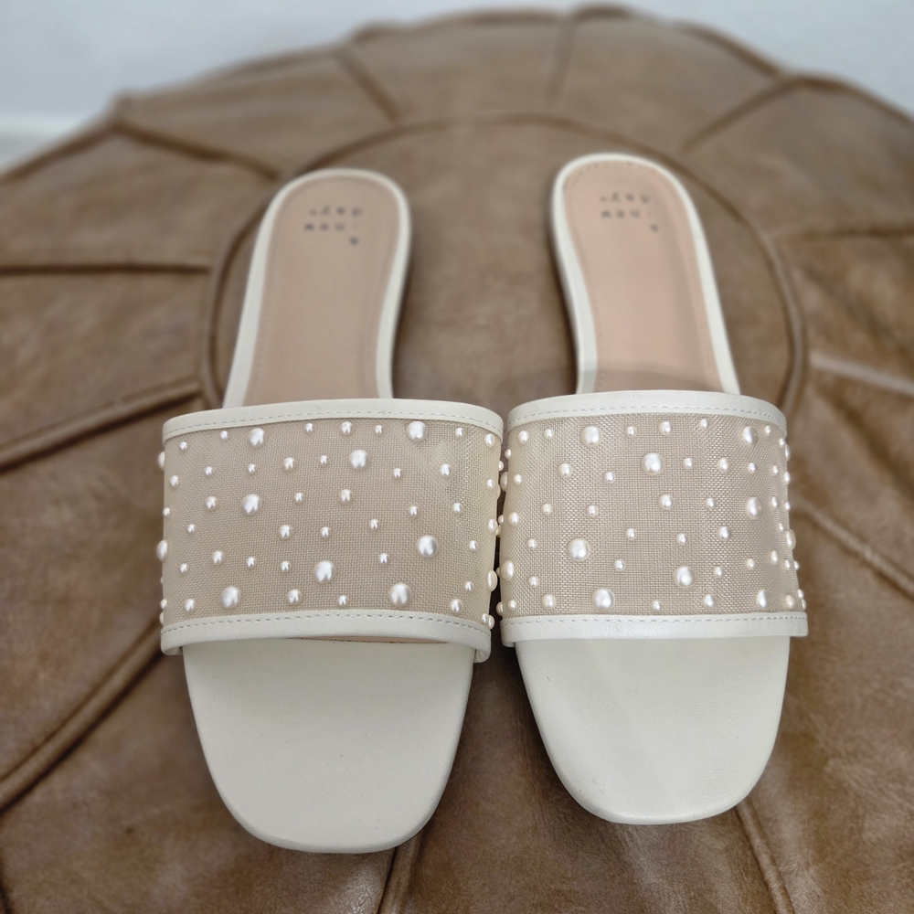 A New Day Beige Pearl-Embellished Slide Sandals